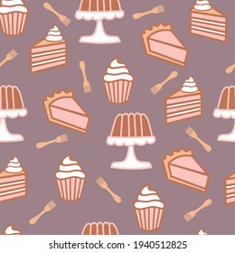 Cake Pastries Pink seamless pattern background. Perfect for fabric, scrapbooking, wallpaper projects.
