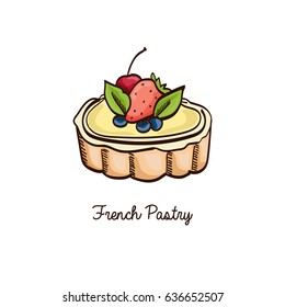 Cake pastry basket with cream and berries hand drawn watercolor style vector illustration.
