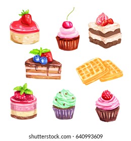 Cake and pastry dessert set of watercolor chocolate cake, cupcake, muffin, fruit dessert and belgian waffle drawing with cream, berry and chocolate drops. Bakery shop, cafe dessert menu design