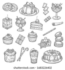 Cake and pastry dessert sketches of sweet food. Vector cakes, cupcakes and muffins with chocolate cream, fruit pie, ice cream and chocolate candy, donuts, biscuits or cookies, macarons and cheesecake