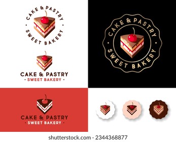 Kuchen- und Gebäck-Emblem. Illustration. Backen und Süßigkeiten. Ein Stück Kuchen mit Keks, Sahne, Schokolade, Sirup und Kirsche