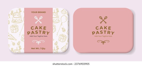 Etiqueta de pastelería de pasteles Caja de diseño Pastel de pasteles Diseño Logotipo de pastelería Diseño Colores pasteles rosa blanco y dorado Archivo vectorial editable 