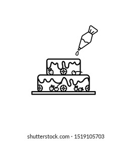 Cake with pastry syringe in line art design isolated
