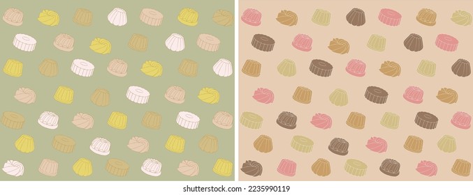 Kuchenmuster Hintergrund mit ungestrichenen Pastellfarben. Pudding, gebündelter Kuchen, flan-Dessert-Symbole.