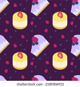 Patrón de pasteles con bayas, fresa, arándano. Patrón feliz de cumpleaños para tela, para imprimir, para envolver papel.