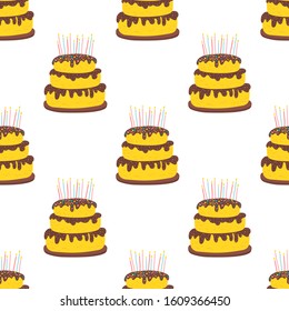 Cake pattern with chocolate icing, sprinkling and candles. Cute seamless hand drawn vector illustration on a white background for birthday, greeting cards, gift wrap.