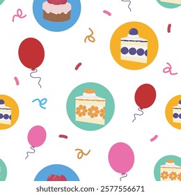 Cake pattern party with balloon on white background