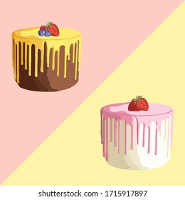 Cake pattern set with two tone pastel background. sweets, dessert, web design or print. Vector Illustration.