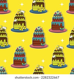 Cake pattern, vector image, pastries, sweets, cream cake, honey cake, seamless image, background.