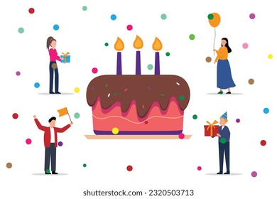 Cake and people holding birthday party icons 2d vector illustration concept for banner, website, illustration, landing page, flyer, etc.