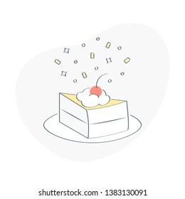 Cake, pie with cherry on the plate. Sweetness, dessert. Flat outline vector illustration on white.