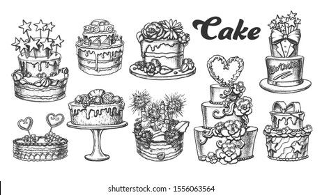 Cake Pie Delicious Collection Retro Set Vector. Birthday Anniversary, Valentine And Wedding Day Cake Engraving Concept Template Hand Drawn In Vintage Style Black And White Illustrations