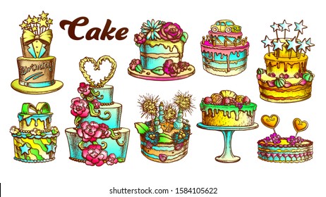 Cake Pie Delicious Collection Retro Set Vector. Birthday Anniversary, Valentine And Wedding Day Cake Engraving Concept Template Hand Drawn In Vintage Style Color Illustrations