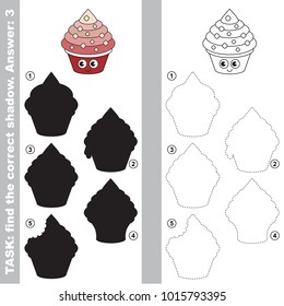 Cake pie fast food smiley to find the correct shadow, the matching educational kid game to compare and connect objects and their true shadows, simple gaming level for preschool kids.