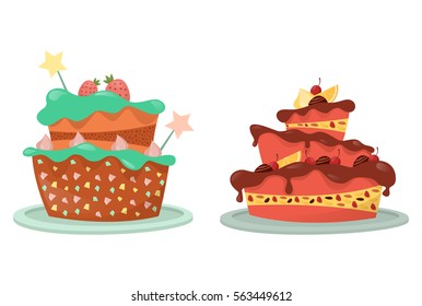 Cake or pie isolated set. Cream and chocolate sweet food, icing delicious confectionery with lemon and strawberry, cherry and stars on top. Holiday and festive, wedding celebration gift. Bakery shop.