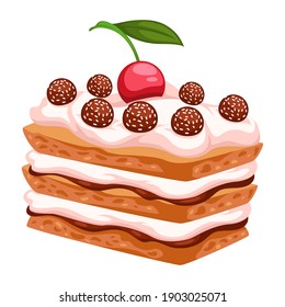 Cake or pie with layers of dough and mousse or whipped cream. Cherry and chocolate balls on top. Gourmet recipe with frosting. Menu for restaurant or cafe, bakery shop assortment. Vector in flat style