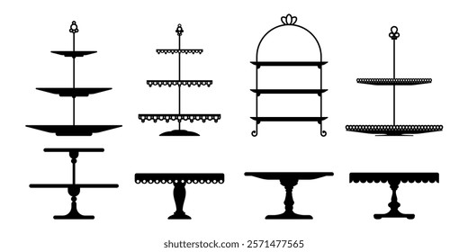 Cake or pie platter, stand and tray silhouettes. Vector set of elegant black monochrome tables or tea plates for displaying fruits and desserts during festive events, celebrations, wedding ceremonies