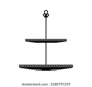 Cake or pie platter, stand and tray silhouette. Isolated vector sleek black shadow of a two tiered dessert stand with ornate edges and decorative handle. Dish for showcasing pastries, cakes, or treats