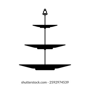 Cake or pie platter, stand and tray silhouette. Vector black three tiered serving table or tea plate for presenting desserts, pastries, fruits or snacks during festive celebrations, wedding ceremonies