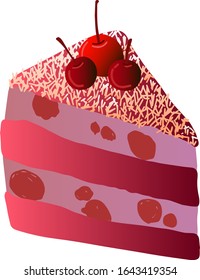 Cake piece with cherry on top. Appetizing pink berry cake. Dessert for the holidays. Gradient vector illustration isolated on a white background. Birthday cake, cheesecake.