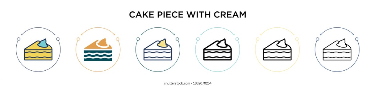 Pieza de pastel con un icono de crema rellena, delgada línea, contorno y estilo de trazo. Ilustración vectorial de dos piezas de pastel de color y negro con iconos vectoriales de crema se puede usar para móviles, ui, web