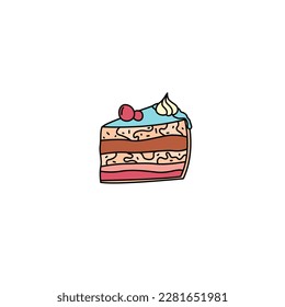 Cake piece doodle. Vector colorful hand drawn food. Kid birthday treat cut cake. Scribble outline illustration.