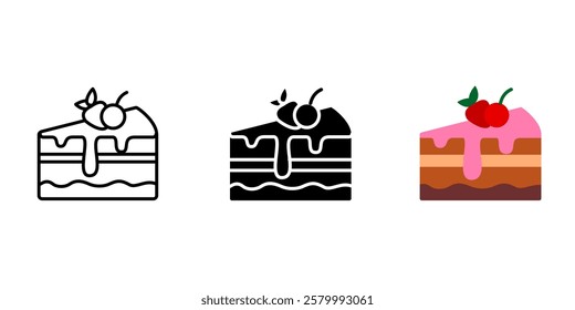 Cake piece icon. Dessert with frosting sign. Birthday chocolate cake slice with fruit symbol. Confectionery pastry pictogram. Festive pie illustration.