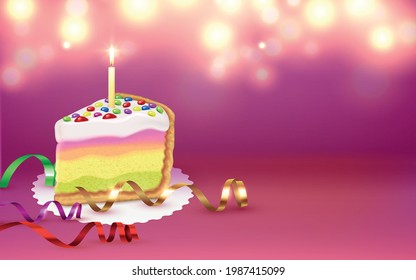 Cake piece serpentine burning candle festive birthday party accessories blurry lights mauve background realistic composition vector illustration