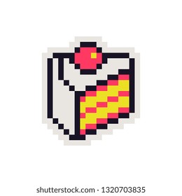 Cake piece sticker, perfect pixel art icon, bakery logo. Design for web, mobile app, badges and patches. Isolated on white background vector illustration. Game assets 8-bit sprite. 