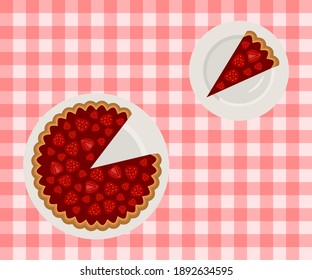 Cake and piece with strawberry jam on plate. Cartoon flat style. Vector illustration