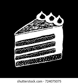 Cake piece white chalk on black chalkboard vector illustration. Sweet pie piece. Cafe or coffee bar menu. Cheesecake logo. Creamy cake piece. Tasty dessert icon. White cream top layered cake dessert