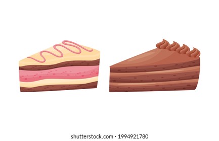 Cake Pieces with Creamy Layer as Yummy Dessert Vector Set