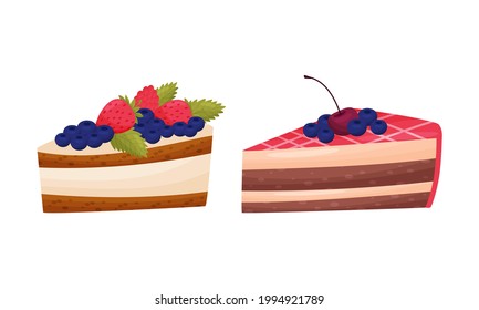 Cake Pieces with Creamy Layer as Yummy Dessert Vector Set
