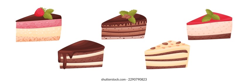 Piezas de pasteles con capa cremosa como conjunto de vectores de postre delicioso