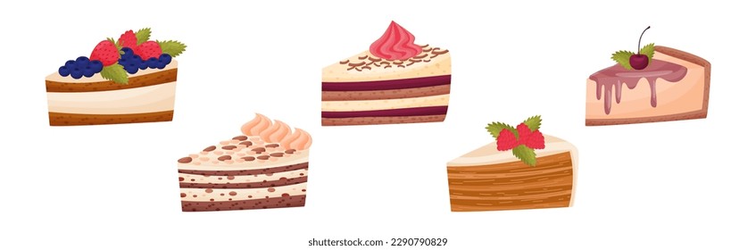 Cake Pieces with Creamy Layer as Yummy Dessert Vector Set