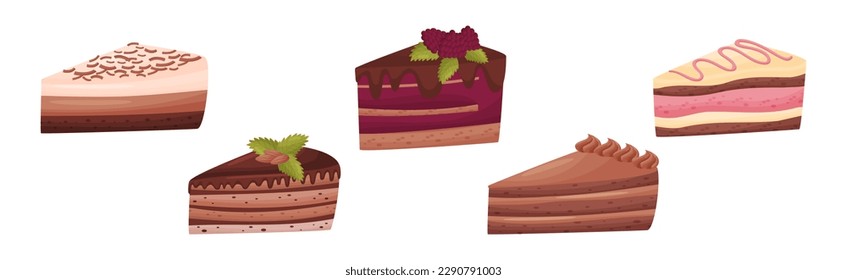 Cake Pieces with Creamy Layer as Yummy Dessert Vector Set