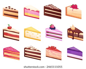 Cake pieces icons. Cartoon piece of cakes with cream, jam and chocolate. Sweet desserts, fruits and berries. Cafe products nowaday vector set