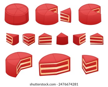 Cake pieces infographics. Sweet dessert piece and full in various view. Infographic elements, half and parts for different business info, nowaday vector set