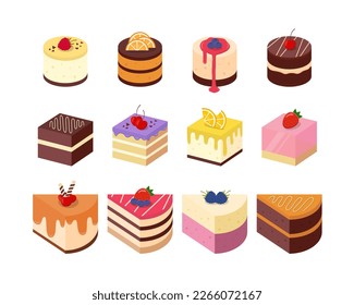 Cake Pieces Isolated. Cute Cartoon Yummy Desserts. Vector Illustration of Delicious Cakes.