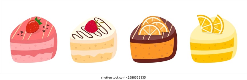 Cake Pieces Isolated on White Background. Cartoon Desserts Collection. Vector Illustration of Delicious Cakes Set. 