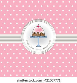 Cake and pink background with polka dots.