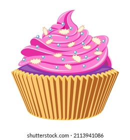 Cake with pink cream realistic cartoon isolated white background