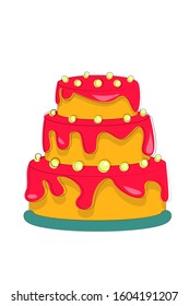 Cake with pink cream vector. Pink and yelow cake icon isolated on a white background. Creamy cake with dark icing vector 