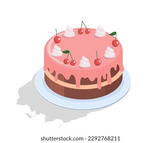 Cake in pink icing with cherry. Berries, sweets and whipped cream. Event, holiday and festival. Birthday or wedding. Template, layout and mock up. Cartoon isometric vector illustration