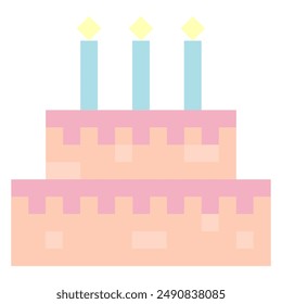Cake in pixel art.  Cake in retro 8-bit game style. Pixel cake design for stickers, icons, cards.