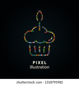 Cake - pixel icon. Vector Illustration. Design logo element. Isolated on black background.