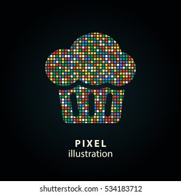 Cake - pixel icon. Vector Illustration. Design logo element. Isolated on black background. It is easy to change to any color.