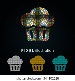 Cake - pixel icon. Vector Illustration. Design logo element. Isolated on black background. It is easy to change to any color.