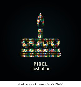Cake - pixel icon. Vector Illustration. Design logo element. Isolated on black background. It is easy to change to any color.
