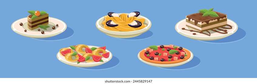 Cake, Pizza, Pasta and Dessert on Blue Background as Served Food Vector Set